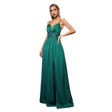 Spring Women's V-Neck Low-Back Satin Evening Gown