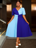 Color Block Patchwork V-Neck Sexy A-Line Dress Slim Waist Party Pleated Dress