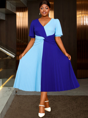 Color Block Patchwork V-Neck Sexy A-Line Dress Slim Waist Party Pleated Dress