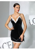 Women's Velvet Lace Patchwork Strap Deep V Low-Back Slit Nightdress