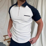 Spring/Summer Men’s Color-Block Zip-Up Polo T-Shirt