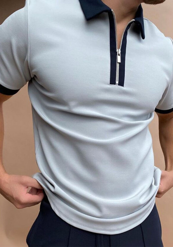 Spring/Summer Men’s Color-Block Zip-Up Polo T-Shirt