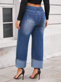 Plus Size Women's Fashion Washed Wide-Leg Cropped Denim Pants