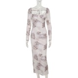 Winter Women's Sexy Printed U-Neck Tie-Up Long Sleeve Slit Bodycon Dress