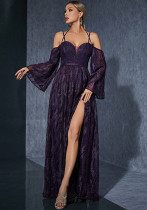 Women's Halter Neck Bell-Sleeve Slit Evening Dress Women's Halter Neck Bell-Sleeve Slit Evening Dress