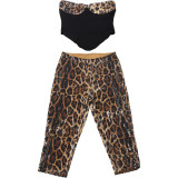 Autumn/Winter Women's Sexy Leopard Color-Block Strapless Sequin Capri Pants Set