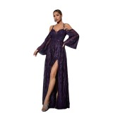 Women's Halter Neck Bell-Sleeve Slit Evening Dress