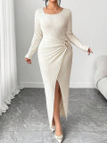 Women's Solid Color Irregular Hem Slit Slim-Waist Long Sleeve Dress