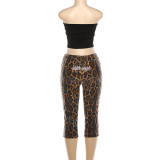 Autumn/Winter Women's Sexy Leopard Color-Block Strapless Sequin Capri Pants Set