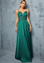 Spring Women's V-Neck Low-Back Satin Evening Gown Spring Women's V-Neck Low-Back Satin Evening Gown