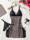Women's Leopard Print Lace-Trim V-Neck Slit Sexy Lingerie Dress Set