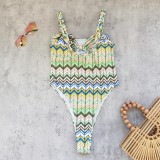 Women's Lace-Up Hollow Stripe Print High-Slit One-Piece Swimsuit & Skirt Set