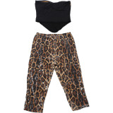 Autumn/Winter Women's Sexy Leopard Color-Block Strapless Sequin Capri Pants Set