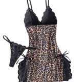 Women's Leopard Print Lace-Trim V-Neck Slit Sexy Lingerie Dress Set