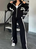 Autumn/Winter Women's Casual Color-Block Striped Zip-Up Sports Two-Piece Pants Set