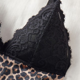 Women's Leopard Print Lace-Trim V-Neck Slit Sexy Lingerie Dress Set
