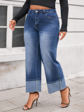 Plus Size Women's Fashion Washed Wide-Leg Cropped Denim Pants