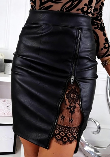 Women's Chic Sexy Lace Patchwork Bodycon Mid-Waist Leather Skirt