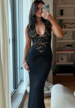 Winter Women's Solid Color Patchwork Lace Halter Neck Low-Back Bodycon Dress