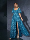 Women's Blue Puff Sleeve Sweet Formal Party Slit Evening Dress