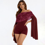 Women Autumn Leopard Print Gathered Off-Shoulder Patchwork Bell Bottom Sleeve Jumpsuit