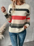 Women Striped Color Block Patchwork Knitting Round Neck Sweater