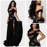 Women Black Off-Shoulder Lace Hollow-Out Slit Formal Party Maxi Dress