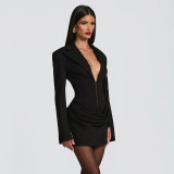 Women Autumn/Winter Solid Turndown Collar Pleated Bodycon Dress