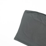 Women Autumn Strapless Crop Top Solid Tie-Up Ribbon Capri Pants Two-Piece Set