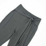 Women Autumn Strapless Crop Top Solid Tie-Up Ribbon Capri Pants Two-Piece Set