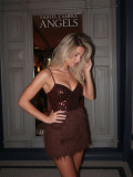 Women Brown Sequined Feather Camisole Backless Lace-Up Dress