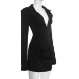 Women Autumn/Winter Solid Turndown Collar Pleated Bodycon Dress