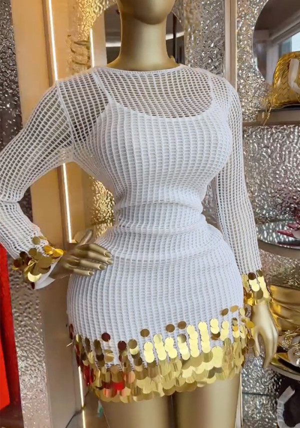 Women Spring Hollow Round Neck Patchwork Sequin Camisole Dress