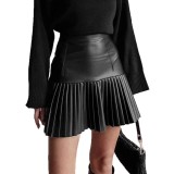 Women Pu-Leather Pleated Skirt