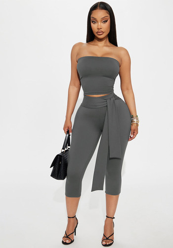 Women Autumn Strapless Crop Top Solid Tie-Up Ribbon Capri Pants Two-Piece Set