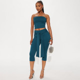 Women Autumn Strapless Crop Top Solid Tie-Up Ribbon Capri Pants Two-Piece Set