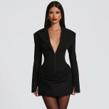 Women Autumn/Winter Solid Turndown Collar Pleated Bodycon Dress