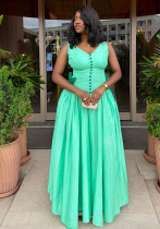 Women Autumn African Sleeveless V-Neck Button Dress