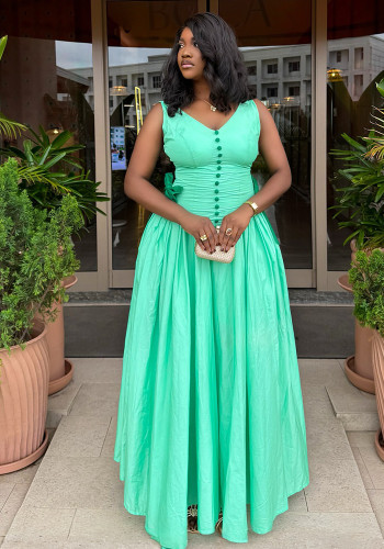 Women Autumn African Sleeveless V-Neck Button Dress