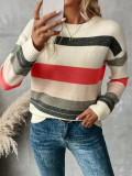 Women Striped Color Block Patchwork Knitting Round Neck Sweater
