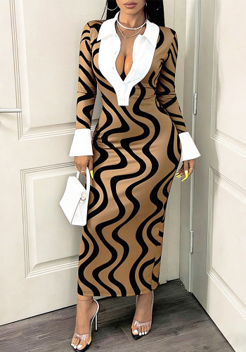 Women Spring Summer Elegant Printed Shirt Collar Dress