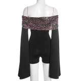Women Autumn Leopard Print Gathered Off-Shoulder Patchwork Bell Bottom Sleeve Jumpsuit