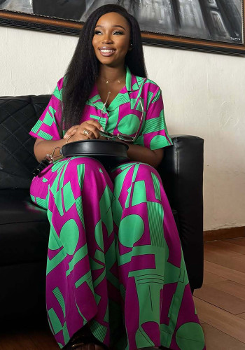 Women Casual Printed Short-Sleeve Shirt and Wide-Leg Trousers Two-Piece Set