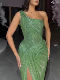 Women Sequined Slash Shoulder Sleeveless Dress