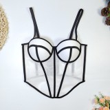 Women Sexy Line Color Block Fishbone Waist-cinching Plunging Camisole Basics Top