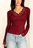 Women Spring Solid V-Neck Lace Patchwork Top