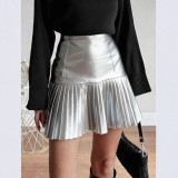 Women Pu-Leather Pleated Skirt