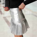 Women Pu-Leather Pleated Skirt