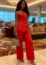 Women Solid Sleeveless Strapless Blazer and Wide-Leg Pants Two-Piece Set with Metal Buckle