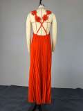 Women Spring Backless Pleated Maxi Dress
